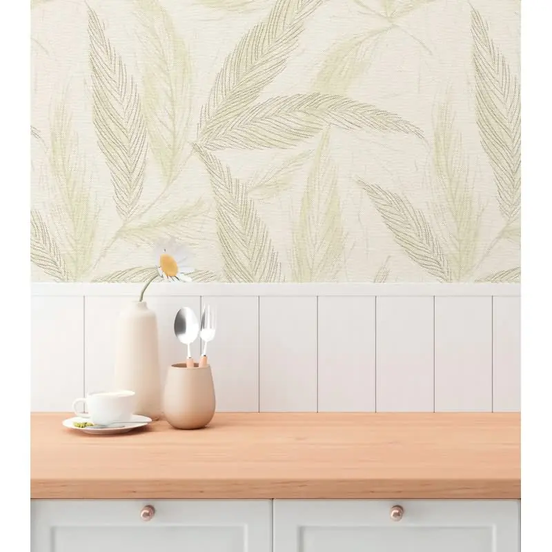 Palmblatt-Tapete Creme Grün - Vliestapete mit Blattmuster in Leinenoptik (KG-175815)