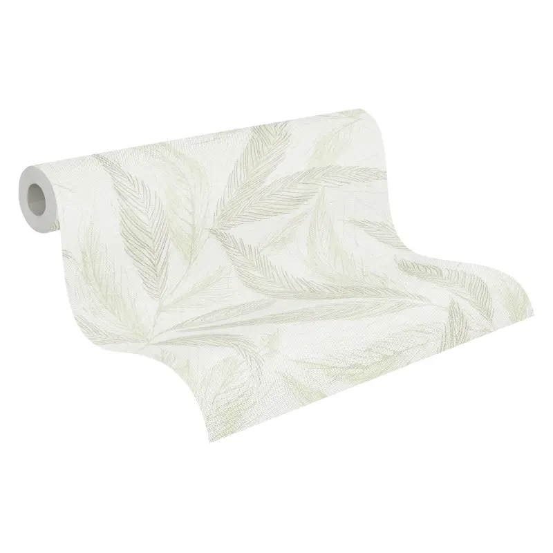 Palmblatt-Tapete Creme Grün - Vliestapete mit Blattmuster in Leinenoptik (KG-175815)