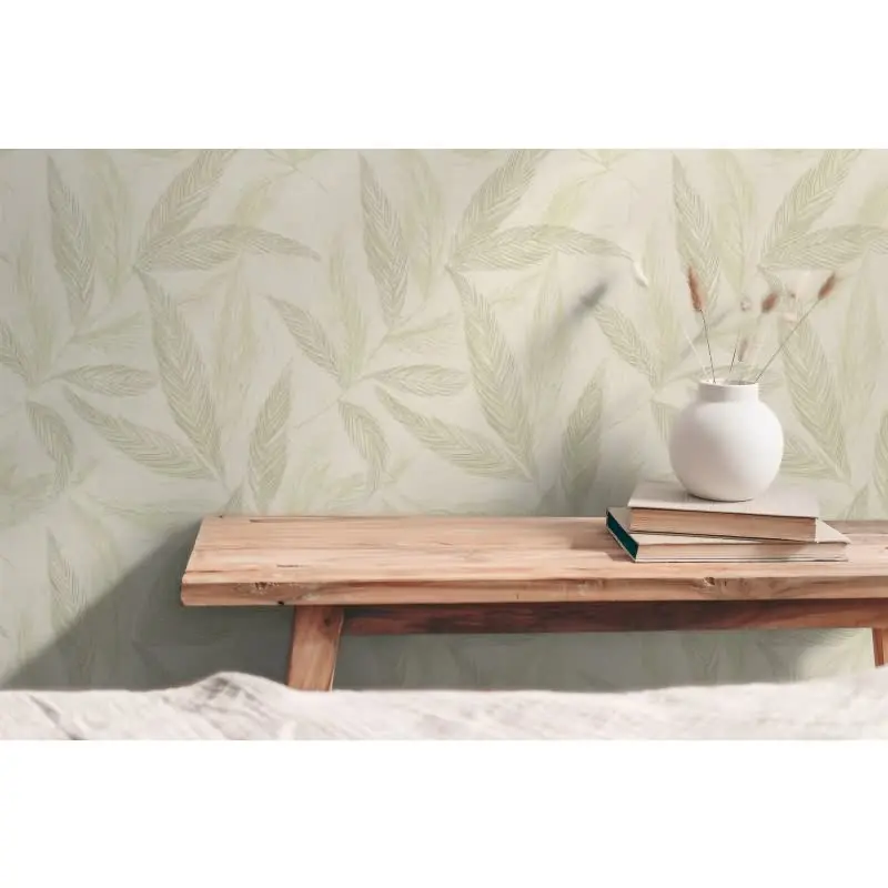 Palmblatt-Tapete Creme Grün - Vliestapete mit Blattmuster in Leinenoptik (KG-175815)