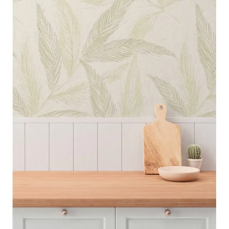 Palmblatt-Tapete Creme Grün - Vliestapete mit Blattmuster in Leinenoptik (KG-175815)