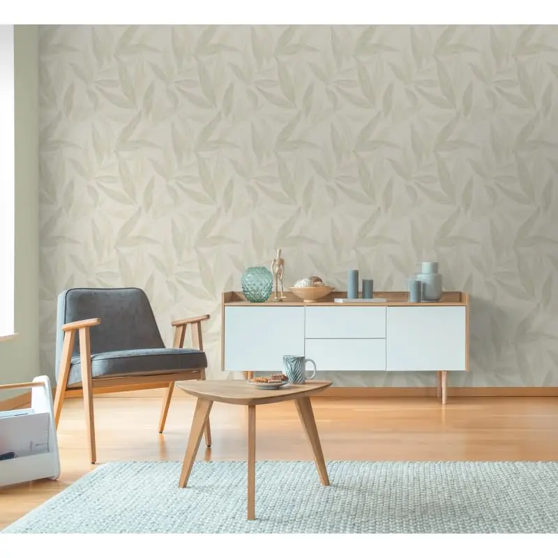 Palmblatt-Tapete Creme Grün - Vliestapete mit Blattmuster in Leinenoptik (KG-175815)