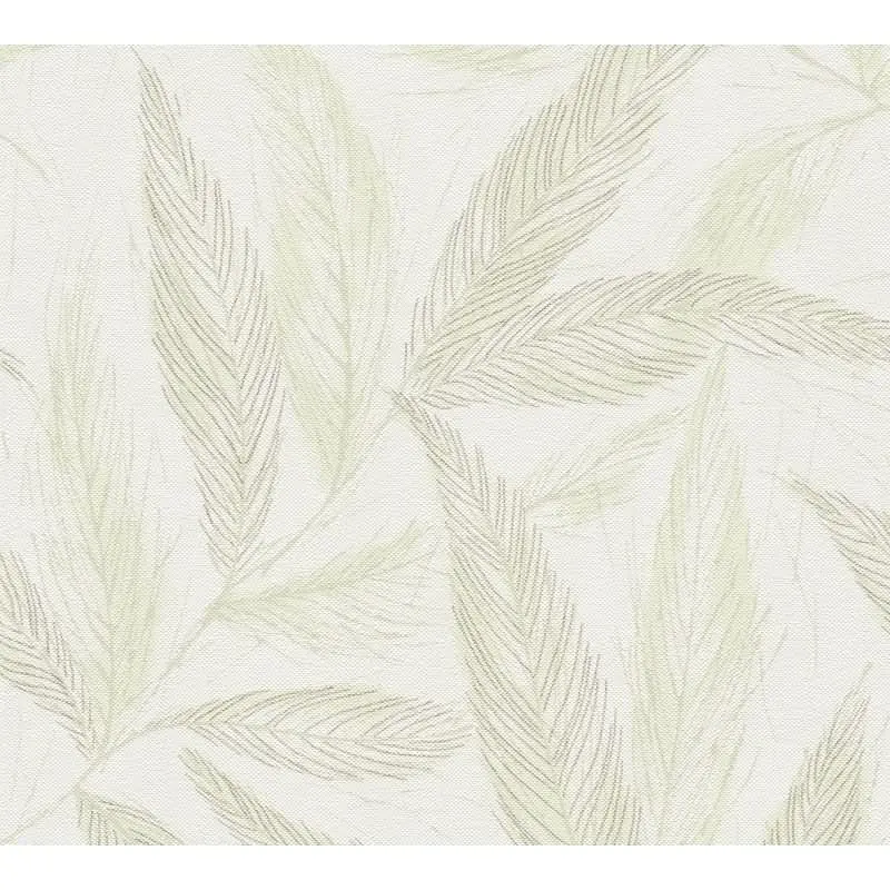Palmblatt-Tapete Creme Grün - Vliestapete mit Blattmuster in Leinenoptik (KG-175815)