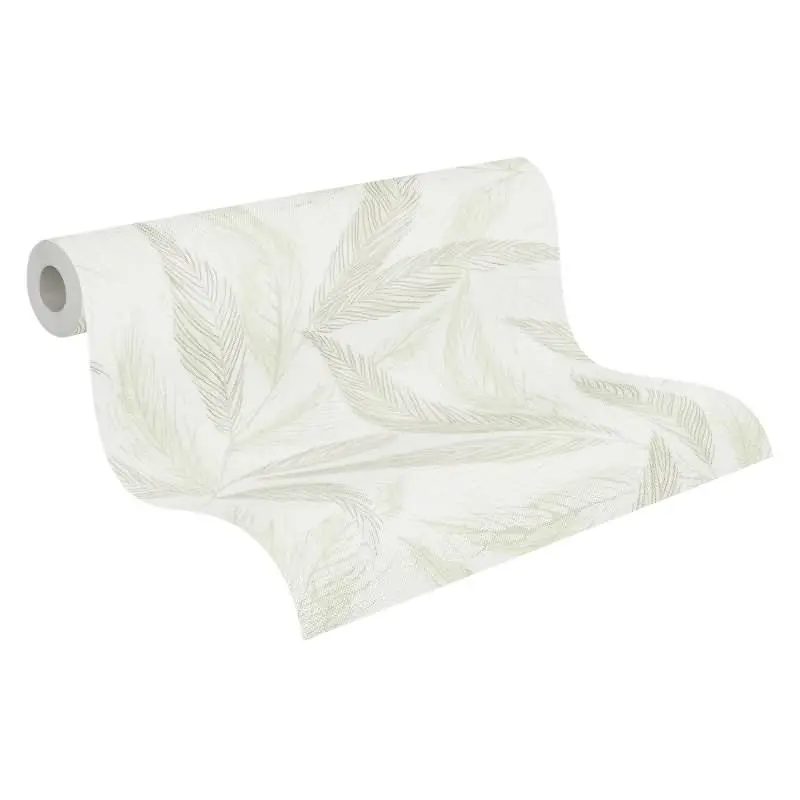 Palmblatt-Tapete Creme Grün - Vliestapete mit Blattmuster in Leinenoptik (KG-175815)