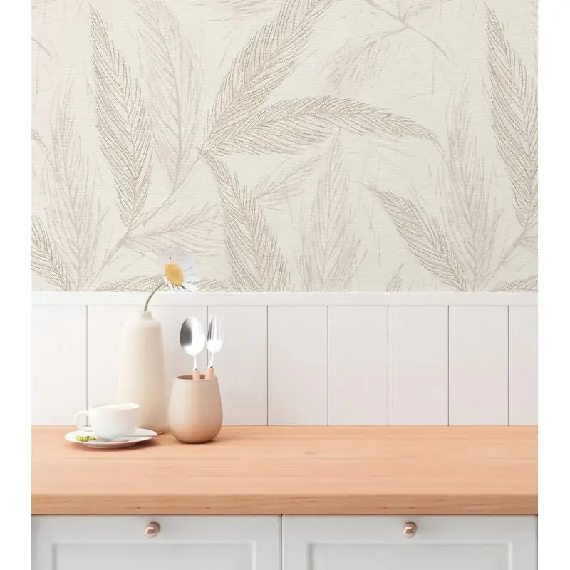 Palmblatt-Tapete Beige Rosé - Vliestapete mit Blattmuster in Leinenoptik (KG-175816)