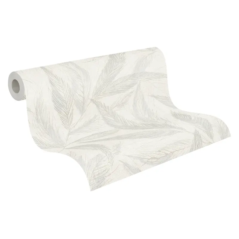 Palmblatt-Tapete Creme Blau - Vliestapete mit Blattmuster in Leinenstruktur (KG-175817)