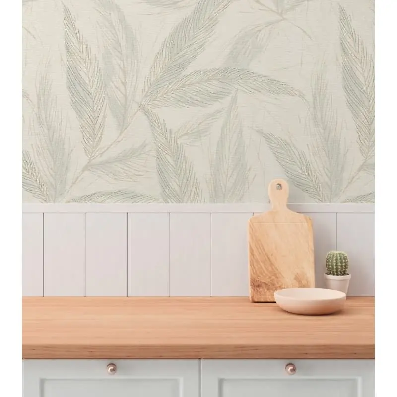 Palmblatt-Tapete Creme Blau - Vliestapete mit Blattmuster in Leinenstruktur (KG-175817)