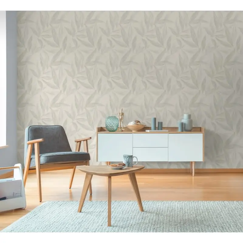 Palmblatt-Tapete Creme Blau - Vliestapete mit Blattmuster in Leinenstruktur (KG-175817)