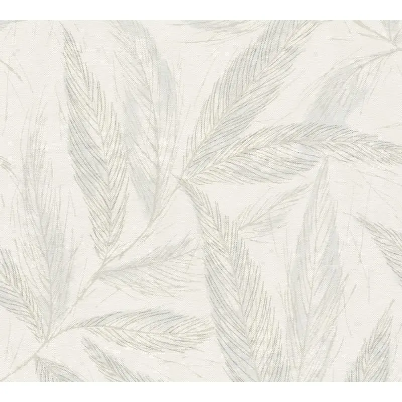 Palmblatt-Tapete Creme Blau - Vliestapete mit Blattmuster in Leinenstruktur (KG-175817)