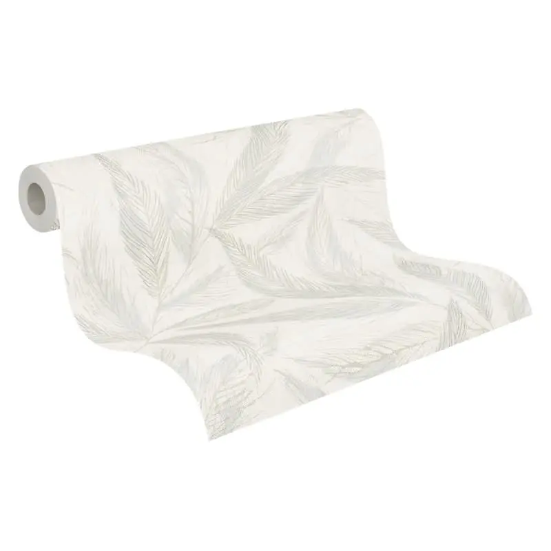 Palmblatt-Tapete Creme Blau - Vliestapete mit Blattmuster in Leinenstruktur (KG-175817)