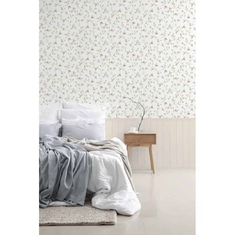 Fototapete Blumenranken mit Holzpaneel Weiß Rosa - Vliestapete Landhausstil (KG-175871)