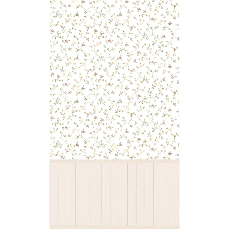 Fototapete Blumenranken mit Holzpaneel Weiß Rosa - Vliestapete Landhausstil (KG-175871)