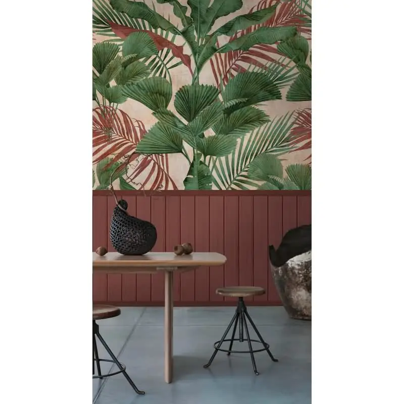 Fototapete Dschungelblätter mit Bordüre Grün Rot - Vliestapete erweiterbar exotisch (KG-175876)