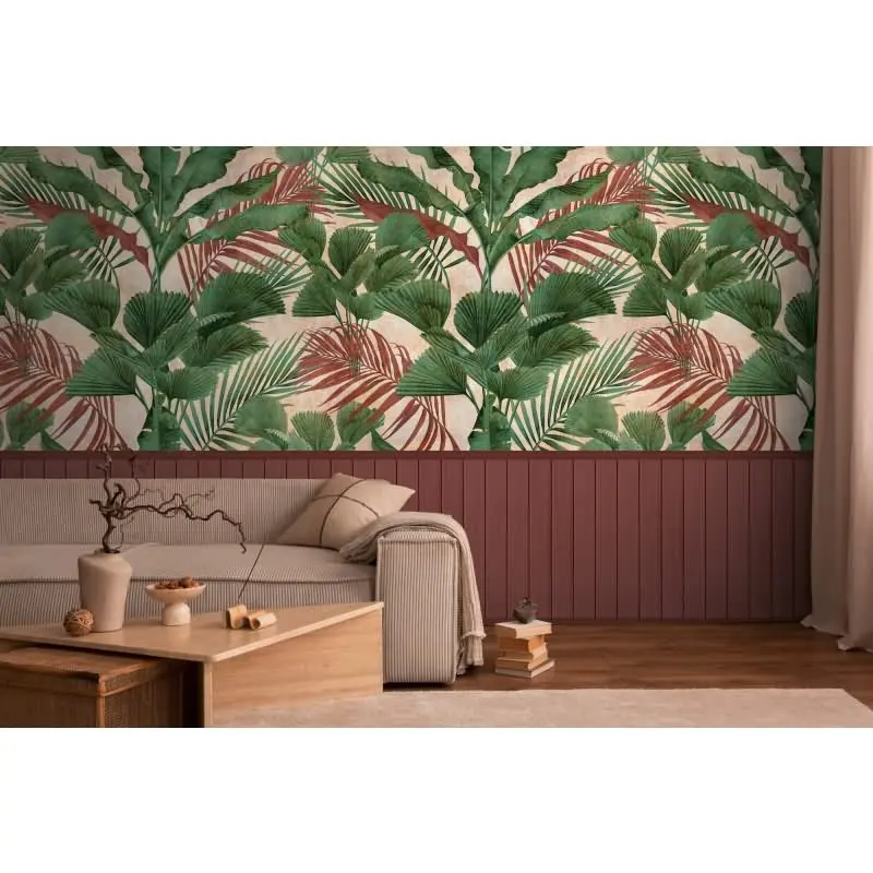 Fototapete Dschungelblätter mit Bordüre Grün Rot - Vliestapete erweiterbar exotisch (KG-175876)