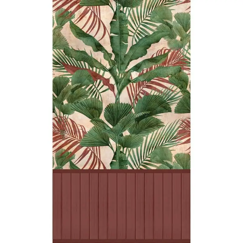 Fototapete Dschungelblätter mit Bordüre Grün Rot - Vliestapete erweiterbar exotisch (KG-175876)
