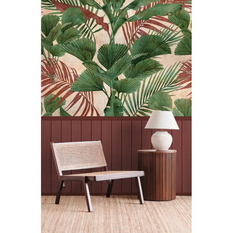Fototapete Dschungelblätter mit Bordüre Grün Rot - Vliestapete erweiterbar exotisch (KG-175876)