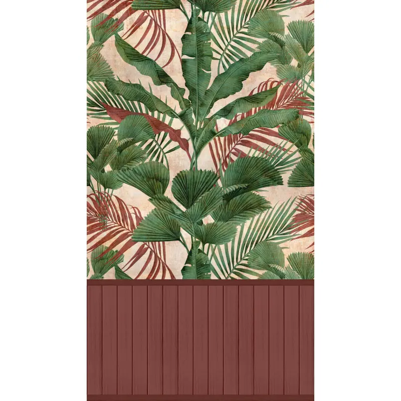 Fototapete Dschungelblätter mit Bordüre Grün Rot - Vliestapete erweiterbar exotisch (KG-175876)