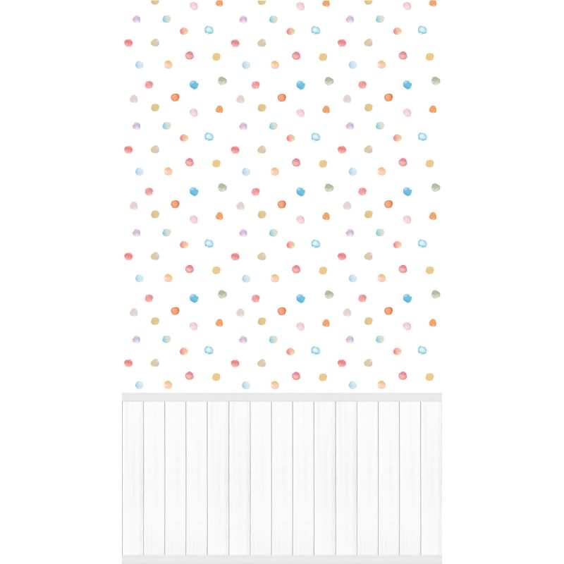 Fototapete Bunte Punkte auf Weiß mit Holzpaneel - Vliestapete verspielt erweiterbar (KG-175881)