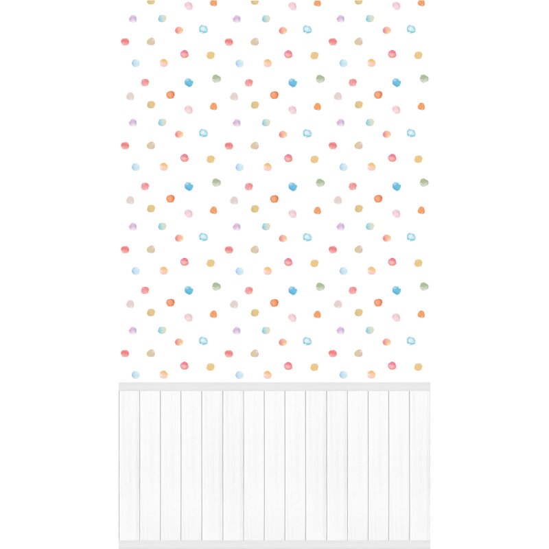 Fototapete Bunte Punkte auf Weiß mit Holzpaneel - Vliestapete verspielt erweiterbar (KG-175881)