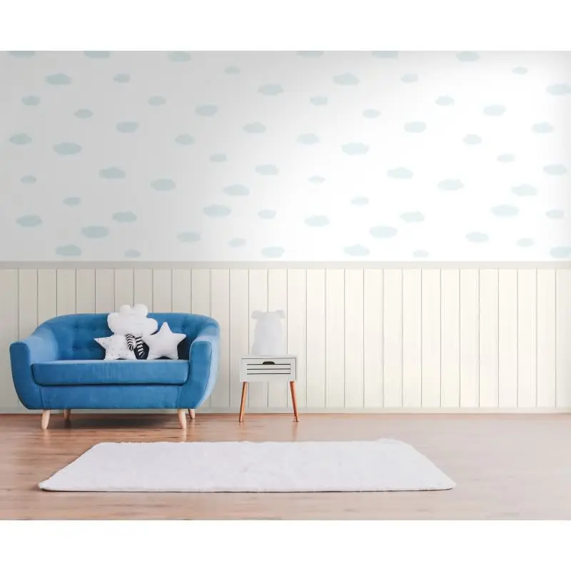 Fototapete Wolkenmuster Weiß Hellblau mit Holzpaneel - Vliestapete Kinderzimmer (KG-175884)