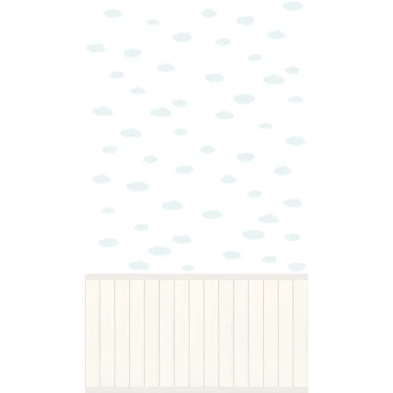 Fototapete Wolkenmuster Weiß Hellblau mit Holzpaneel - Vliestapete Kinderzimmer (KG-175884)