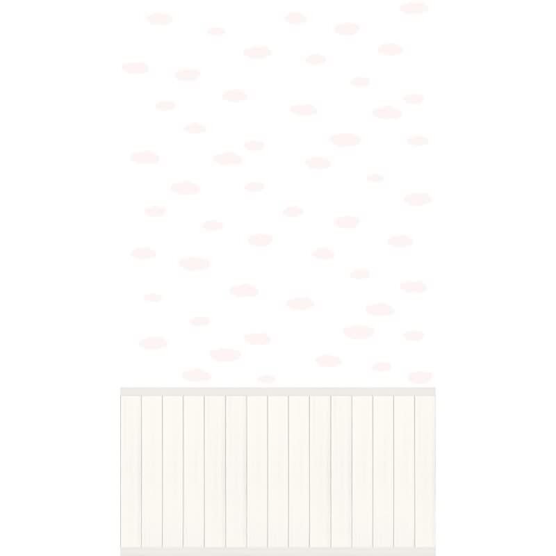 Fototapete Weiße Wolken mit Rosa auf Weiß - Vliestapete mit Holzpaneel Kinderzimmer (KG-175886)