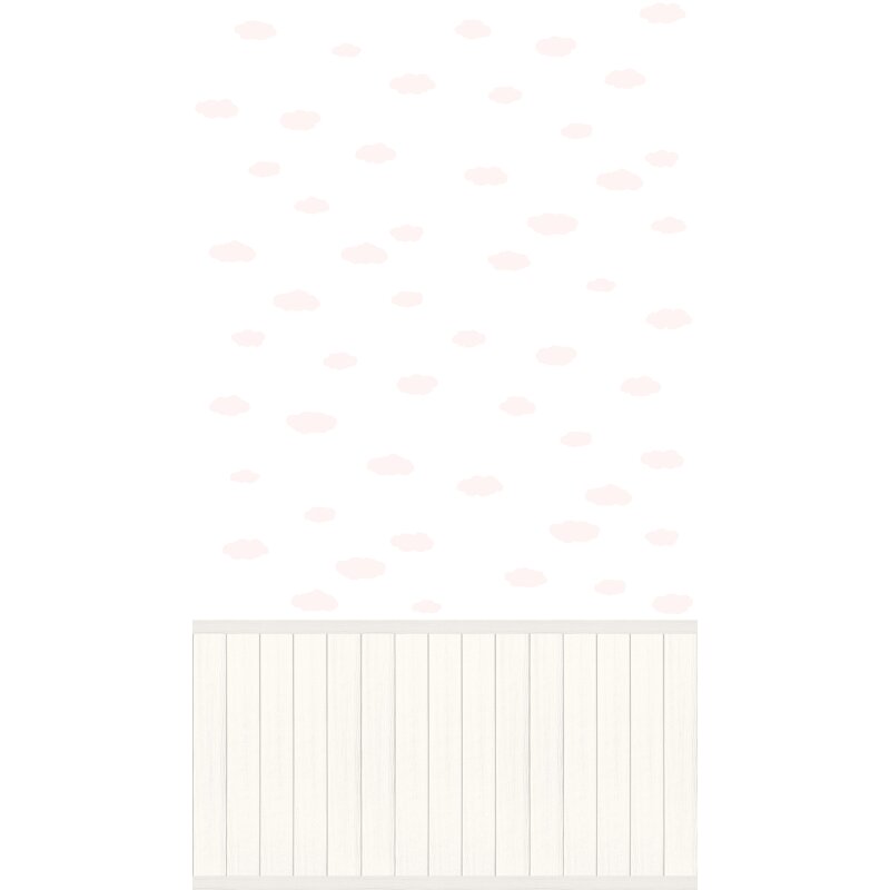 Fototapete Weiße Wolken mit Rosa auf Weiß - Vliestapete mit Holzpaneel Kinderzimmer (KG-175886)