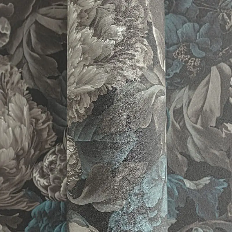 Elegante Blumentapete in Grau-Blau mit Vintage-Charakter (KG-175889)