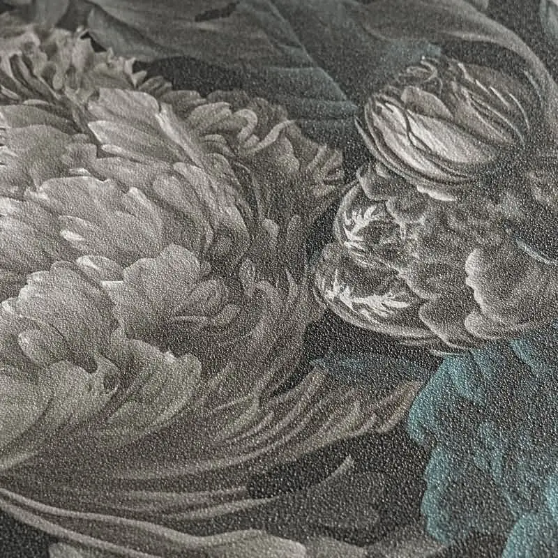 Elegante Blumentapete in Grau-Blau mit Vintage-Charakter (KG-175889)
