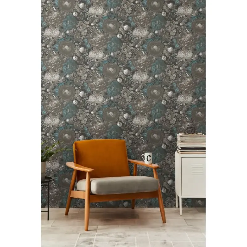Elegante Blumentapete in Grau-Blau mit Vintage-Charakter (KG-175889)