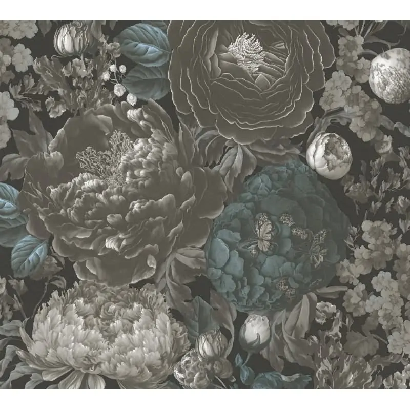 Elegante Blumentapete in Grau-Blau mit Vintage-Charakter (KG-175889)