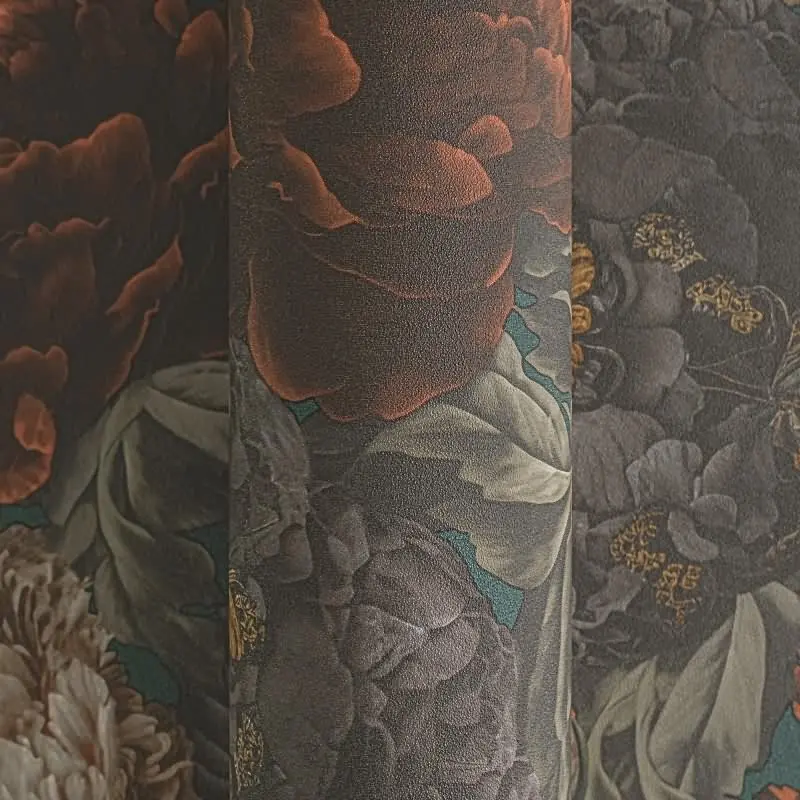 Vliestapete mit großen Blüten in Grün-Braun und Vintage-Flair (KG-175890)