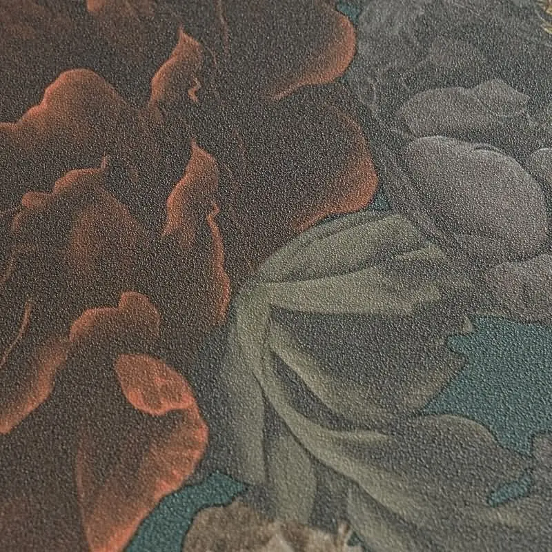 Vliestapete mit großen Blüten in Grün-Braun und Vintage-Flair (KG-175890)