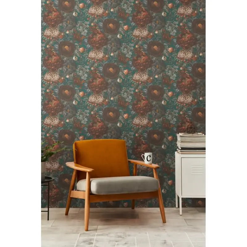 Vliestapete mit großen Blüten in Grün-Braun und Vintage-Flair (KG-175890)