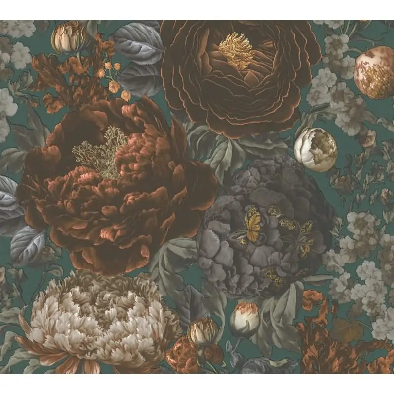 Vliestapete mit großen Blüten in Grün-Braun und Vintage-Flair (KG-175890)