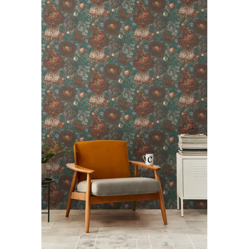 Vliestapete mit großen Blüten in Grün-Braun und Vintage-Flair (KG-175890)