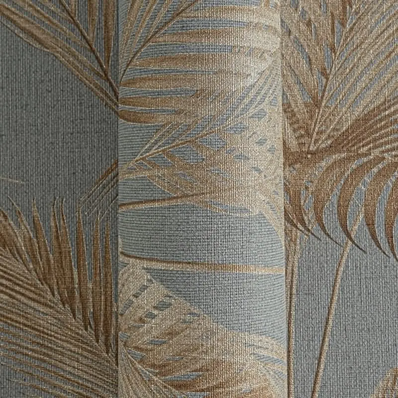 Vliestapete mit Palmenblättern in Braun auf grauem Hintergrund (KG-175893)