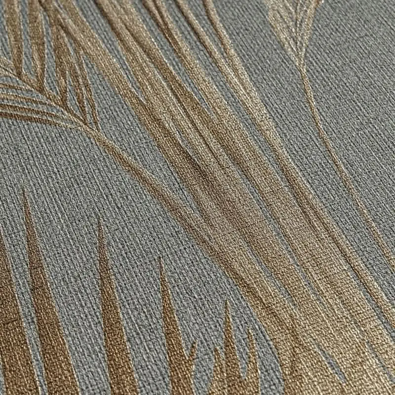 Vliestapete mit Palmenblättern in Braun auf grauem Hintergrund (KG-175893)