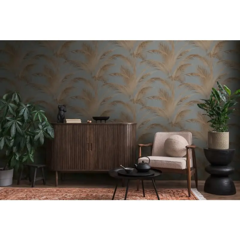 Vliestapete mit Palmenblättern in Braun auf grauem Hintergrund (KG-175893)