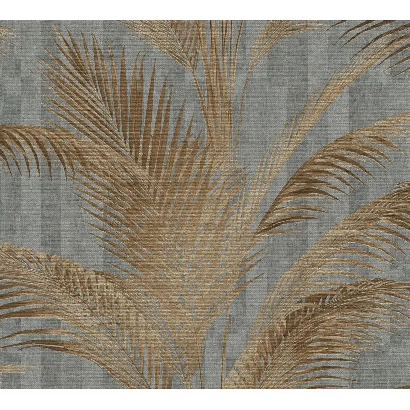 Vliestapete mit Palmenblättern in Braun auf grauem Hintergrund (KG-175893)