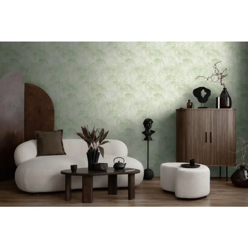 Vliestapete mit Palmenblättern in Hellgrün auf hellem Hintergrund (KG-175895)