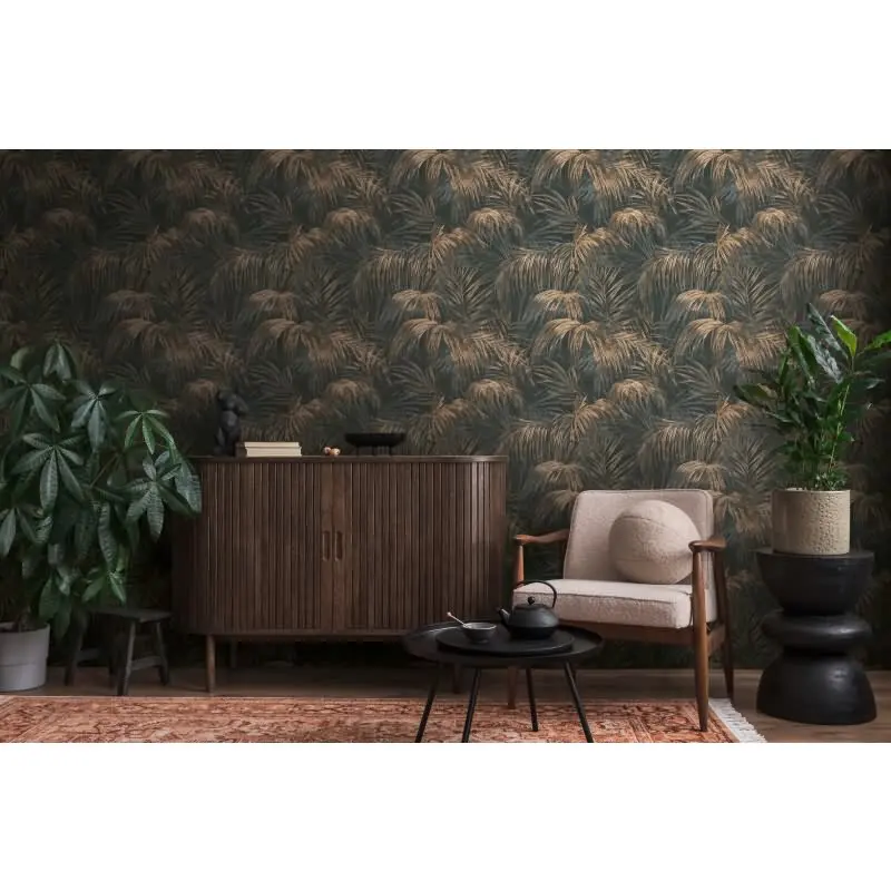 Vliestapete mit goldenen Palmenblättern auf schwarzem Hintergrund (KG-175896)