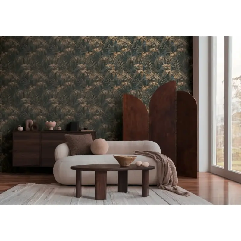 Vliestapete mit goldenen Palmenblättern auf schwarzem Hintergrund (KG-175896)