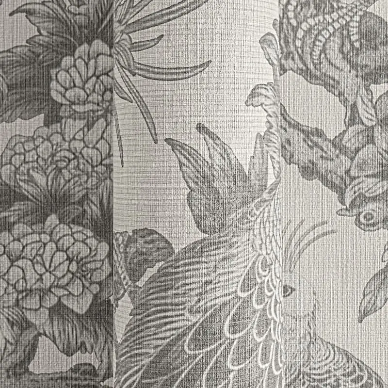 Vliestapete mit Pfauen und Blumen in Schwarz-Weiß auf hellem Hintergrund (KG-175901)