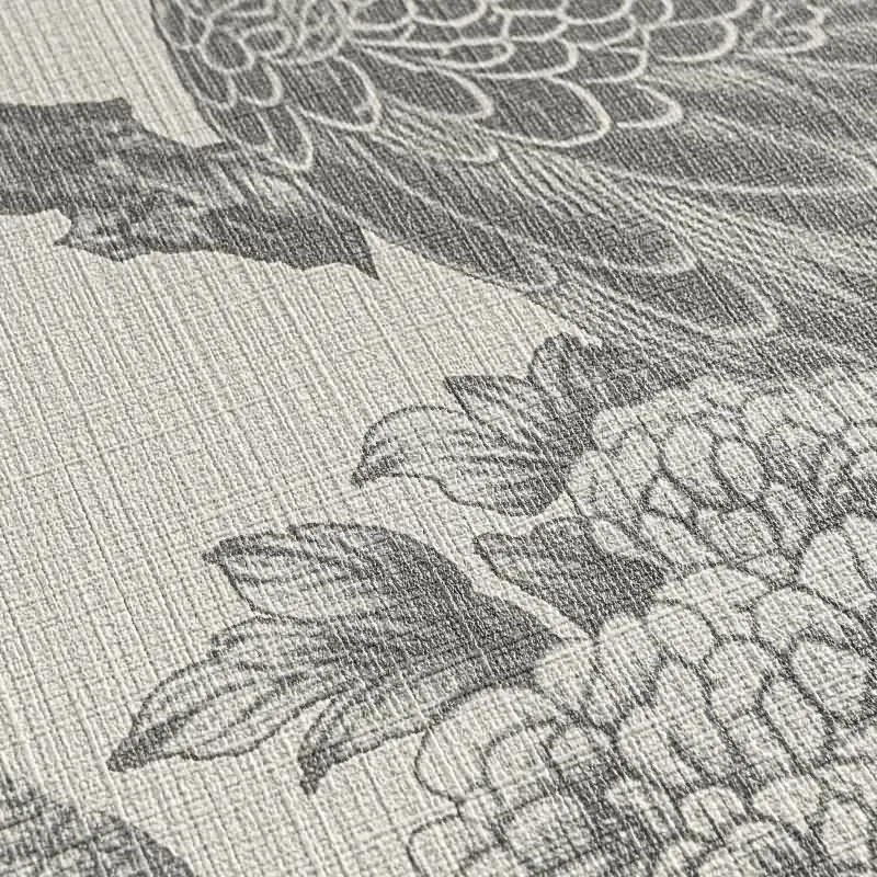 Vliestapete mit Pfauen und Blumen in Schwarz-Weiß auf hellem Hintergrund (KG-175901)