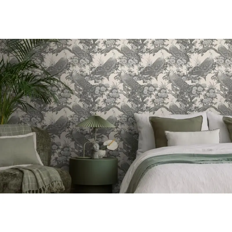 Vliestapete mit Pfauen und Blumen in Schwarz-Weiß auf hellem Hintergrund (KG-175901)