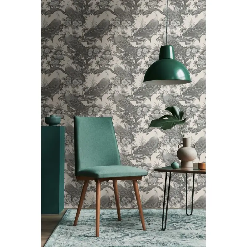 Vliestapete mit Pfauen und Blumen in Schwarz-Weiß auf hellem Hintergrund (KG-175901)