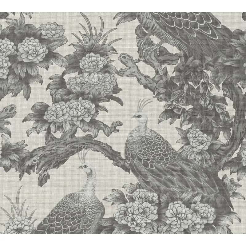 Vliestapete mit Pfauen und Blumen in Schwarz-Weiß auf hellem Hintergrund (KG-175901)