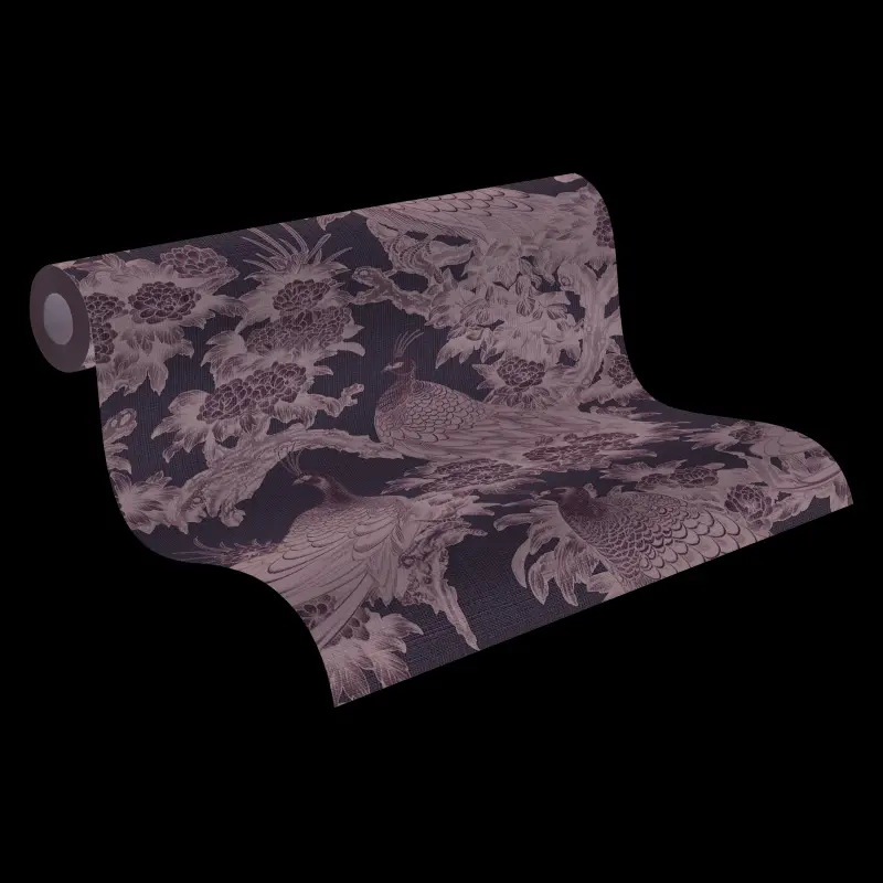 Vliestapete mit Pfauen und Blumen in Schwarz-Weiß auf hellem Hintergrund (KG-175901)