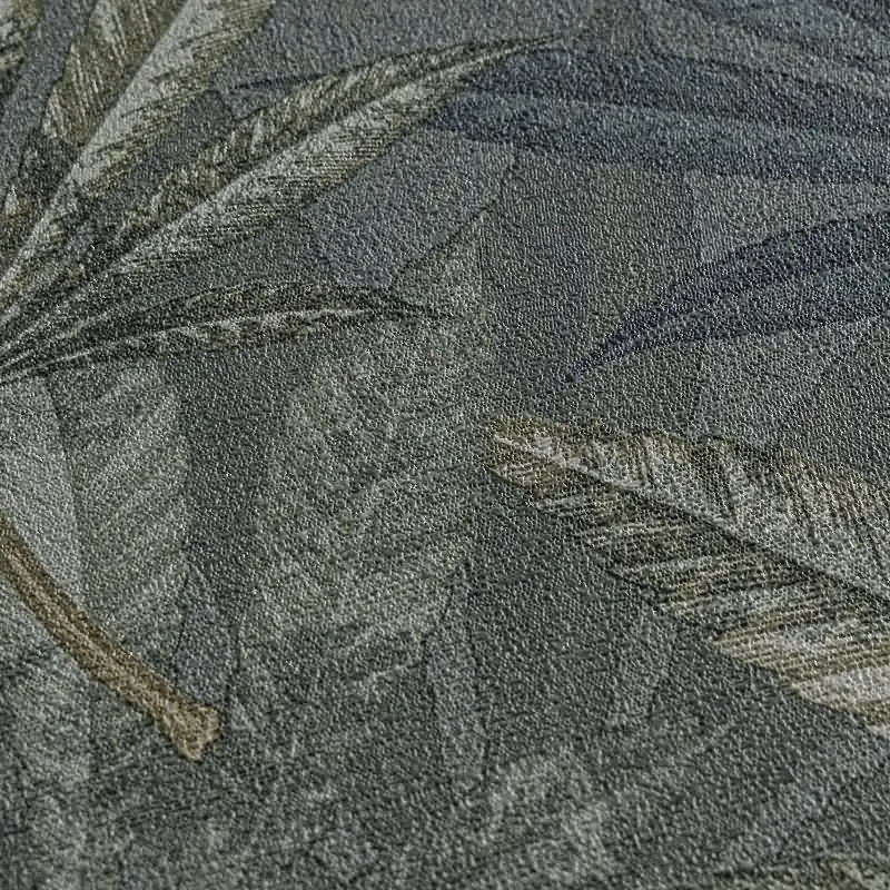 Vliestapete mit großen Blättern in Blau-Grün auf dunklem Hintergrund (KG-175910)