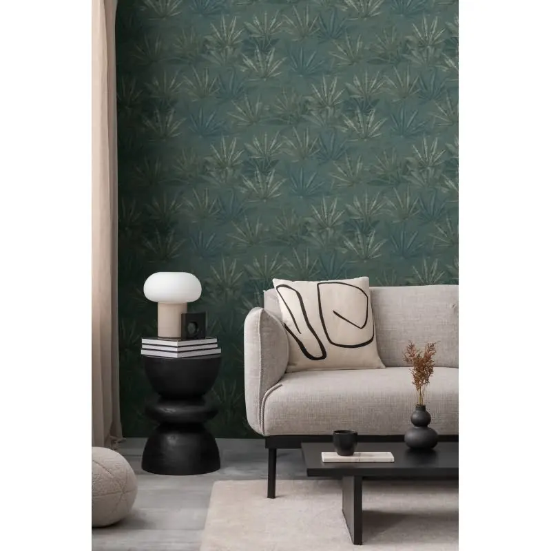 Vliestapete mit großen Blättern in Blau-Grün auf dunklem Hintergrund (KG-175910)